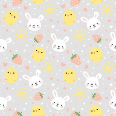 Cartoon Bunny and Cute Chick Seamless Pattern, Easter or Kid Vector Illustration Background with Strawberry