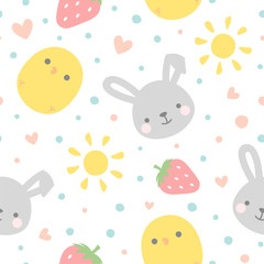 Cartoon Bunny and Cute Chick Seamless Pattern, Easter or Kid Vector Illustration Background with Strawberry