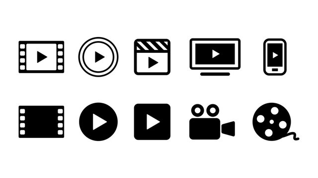 ビデオ動画再生ボタンのアイコン複数セットイラスト白黒