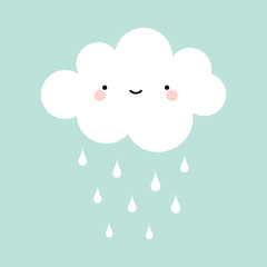 Cute Happy Cloud with Rain Drops, Print or Icon Vector Illustration