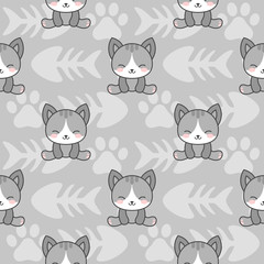Cute Cats with Kitten Paw Seamless Pattern, Cartoon Animals Background, Vector Illustration