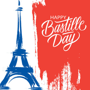 Happy Bastille Day, 14th of July brush stroke holiday greeting card in colors of the national flag of France with Eiffel tower and hand lettering. Vector illustration.
