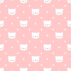 Cute Simple Cats with Kitty Paw Seamless Pattern, Isolated Cartoon Animals Background, Vector Illustration