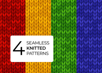 Seamless set knitted patterns in bright saturated colors. Colorful realistic knitted textures for background of site, postcards, wallpapers, banners. Vector illustration for dark background.