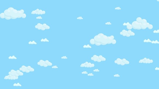 Blue sky full of clouds moving down. Cartoon sky animated background. Flat animation.
