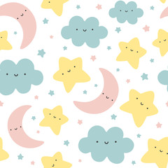 Moon, Cloud and Stars Cute Seamless Pattern, Cartoon Vector Illustration, Isolated Background