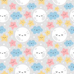 Cloud, Moon and Stars Cute Seamless Pattern, Cartoon Vector Illustration Background