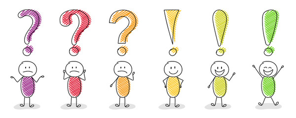 Set of multicoloured cartoon stickmen with question and exclamation mark icons. Vector.