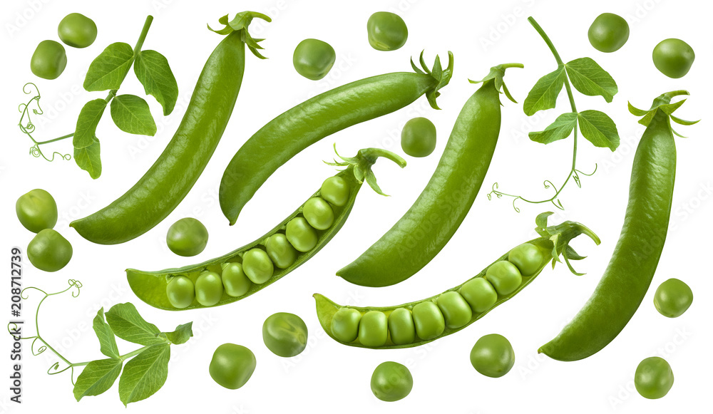 Wall mural green peas, pods and leaves set isolated on white background - Wall murals