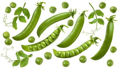 Green peas, pods and leaves set isolated on white background