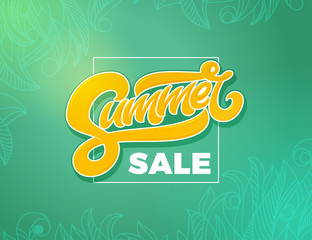 Summer Sale Banner with square frame and hand sketched pattern on turquoise background. Template for Poster, promo, ad, banner, Flyer. Vector illustration.