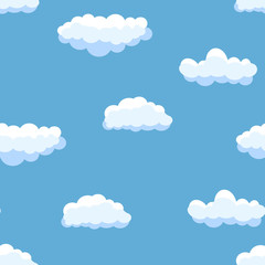 Seamless background with blue sky and white cartoon clouds. Vector illustration.
