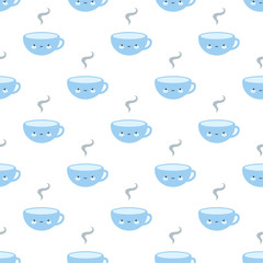 Cute Coffee and Tea Cup, Cartoon Smile Face Seamless Pink Pattern Background