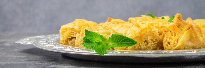 Jewish, turkish, arabic traditional national dessert. Macro. Selective focus. Baklava with honey and nuts, banner
