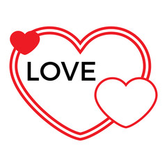 Three red hearts on a white background with black inscription Love. Vector illustration.
