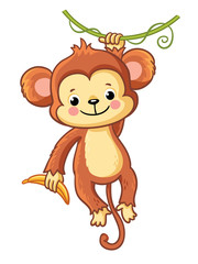The monkey hangs on a branch and holds a banana in his hand. Cute animal on a white background. Vector illustration in childrens cartoon style.