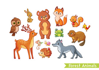 Vector set with forest animals on a white background. Mild animals in the childrens cartoon style.