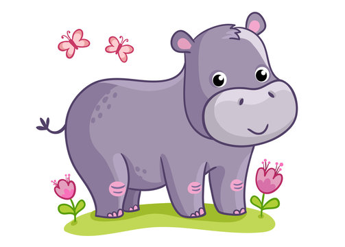 Hippo standing in the meadow with flowers. Cute animal in the cartoon style. Vector illustration on a childrens theme.