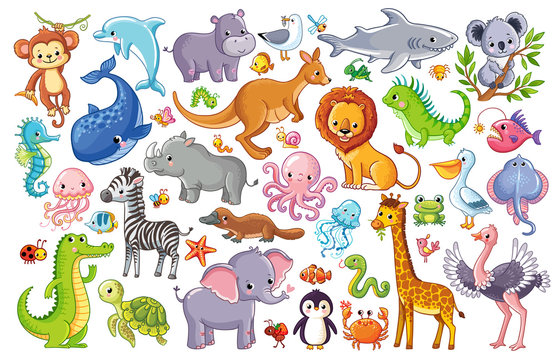 Vector set with animals. Cute animal on a white background in a childrens style.