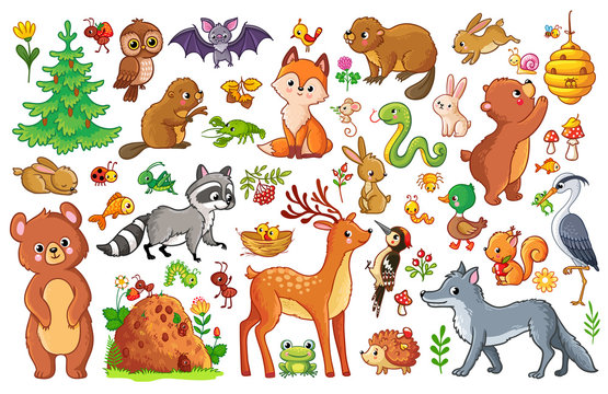 Vector set with animals and birds in a childrens style. Collection of insects and mammals in cartoon style.