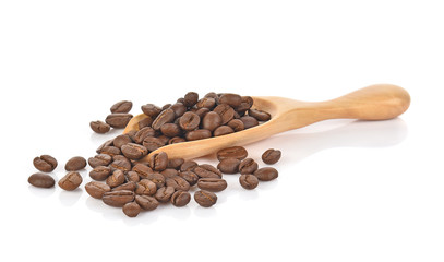 coffee beans in wooden spoon on white background