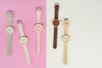 Set of multicolored wristwatches for background