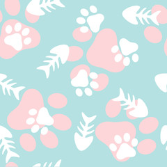 Fishbone and Animal Paw Seamless Pattern Background, Cat and Fish Vector Illustration