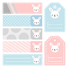 Cute Bunny Note Sticker, Note Paper and Stickers Set with Vector Funny Animals Illustration Vector, Template for Greeting Scrapbook, Sticker Set for Organizer
