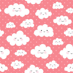 Fototapeta premium Cute Cartoon Face Cloud Seamless Pattern Background with Dot, Vector illustration