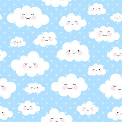Cute Cartoon Face Cloud Seamless Pattern Background with Dot, Vector illustration