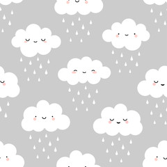 Cute cartoon face cloud seamless pattern with rain drop background, vector illustration