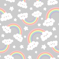 Cute Cloud Background with Rainbow Seamless Pattern, Cartoon Vector Illustration for Kid