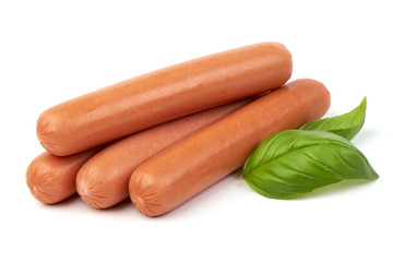 Fresh boiled sausages with basil, isolated on white background.