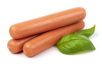 Fresh boiled sausages with basil, isolated on white background.