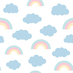Cute clouds and rainbow seamless pattern, cartoon vector illustration, isolated sky background for kid