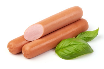 Fresh boiled sausages with basil, isolated on white background.