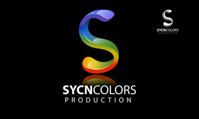 Sycn Color Production Vector Logo Template. Creative 3D abstract vector logo design with shiny effect. this object look like wave or letter of S put on black background.