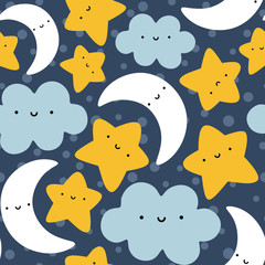 Moon, Cloud and Stars Cute Seamless Pattern, Cartoon Vector Illustration Night Sky Background