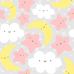 Moon, Cloud and Stars Cute Seamless Pattern, Cartoon Vector Illustration Background