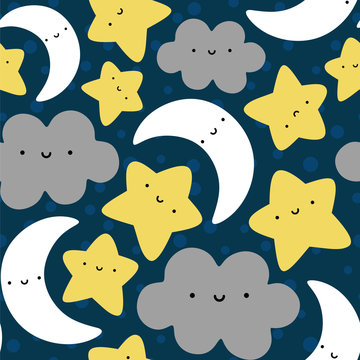 Moon, Cloud and Stars Cute Seamless Pattern, Cartoon Vector Illustration Night Sky Background