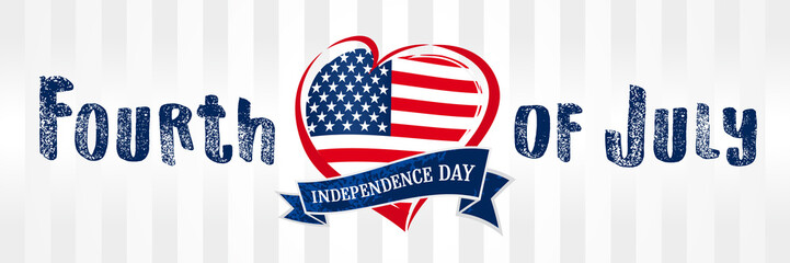 Happy Independence Day of the United States, July 4th. Happy Fourth of July flag in heart greeting card. Hand lettering banner with letters on ribbon and flag USA. Vintage typography illustration