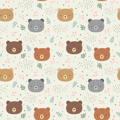 Naklejka premium Cute teddy bears background, seamless pattern, hand drawn forest, vector illustration
