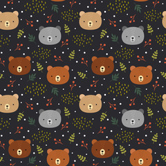 Cute teddy bears background, seamless pattern, hand drawn forest, vector illustration