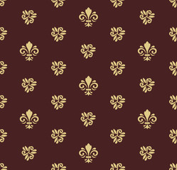 Seamless golden pattern. Modern geometric ornament with royal lilies. Classic vintage background