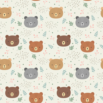 Cute teddy bears background, seamless pattern, hand drawn forest, vector illustration