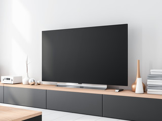 Large Smart Tv set Mockup standing on console. 3d rendering