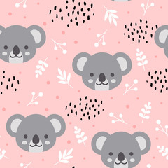 Naklejka premium Wzór ładny koala, ręcznie rysowane tła lasu z kwiatami i kropkami, ilustracji wektorowych