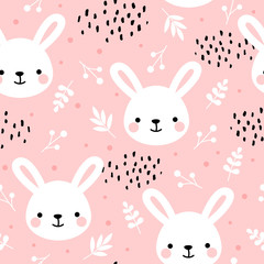 Modèle sans couture de lapin mignon, fond de forêt dessinés à la main de lapin avec des fleurs et des points, illustration vectorielle