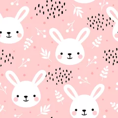 Stof per meter Konijn Schattig konijn naadloze patroon, bunny hand getekende bos achtergrond met bloemen en stippen, vectorillustratie