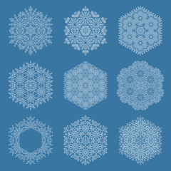 Set of snowflakes. White winter ornaments. Snowflakes collection. Snowflakes for backgrounds and designs